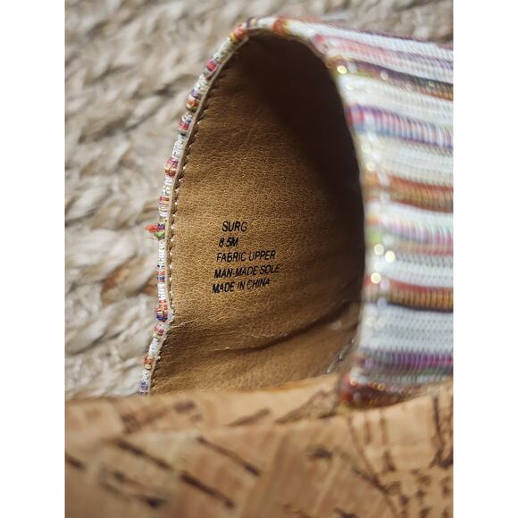 STEVE MADDEN MULTI COLORED FABRIC STRAP CORK WEDGE SURG SANDALS Size 8.5 M - Picture 10 of 10